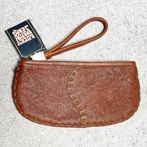 Lucky Brand Leather South Western Boho Stitching Wristlet Brown Zip Closure New